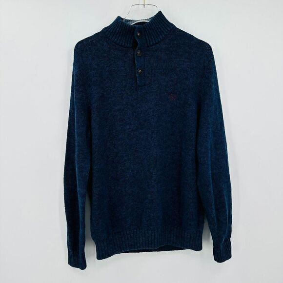 Chaps Men's Size Medium Navy Blue 1/4 Button Up Knit Sweater Elbow Patches - Picture 1 of 7